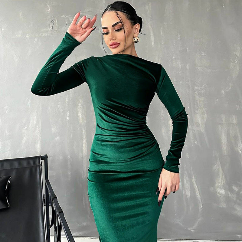 Women dresses Solid-color fitted pleated round-neck long-sleeved dress