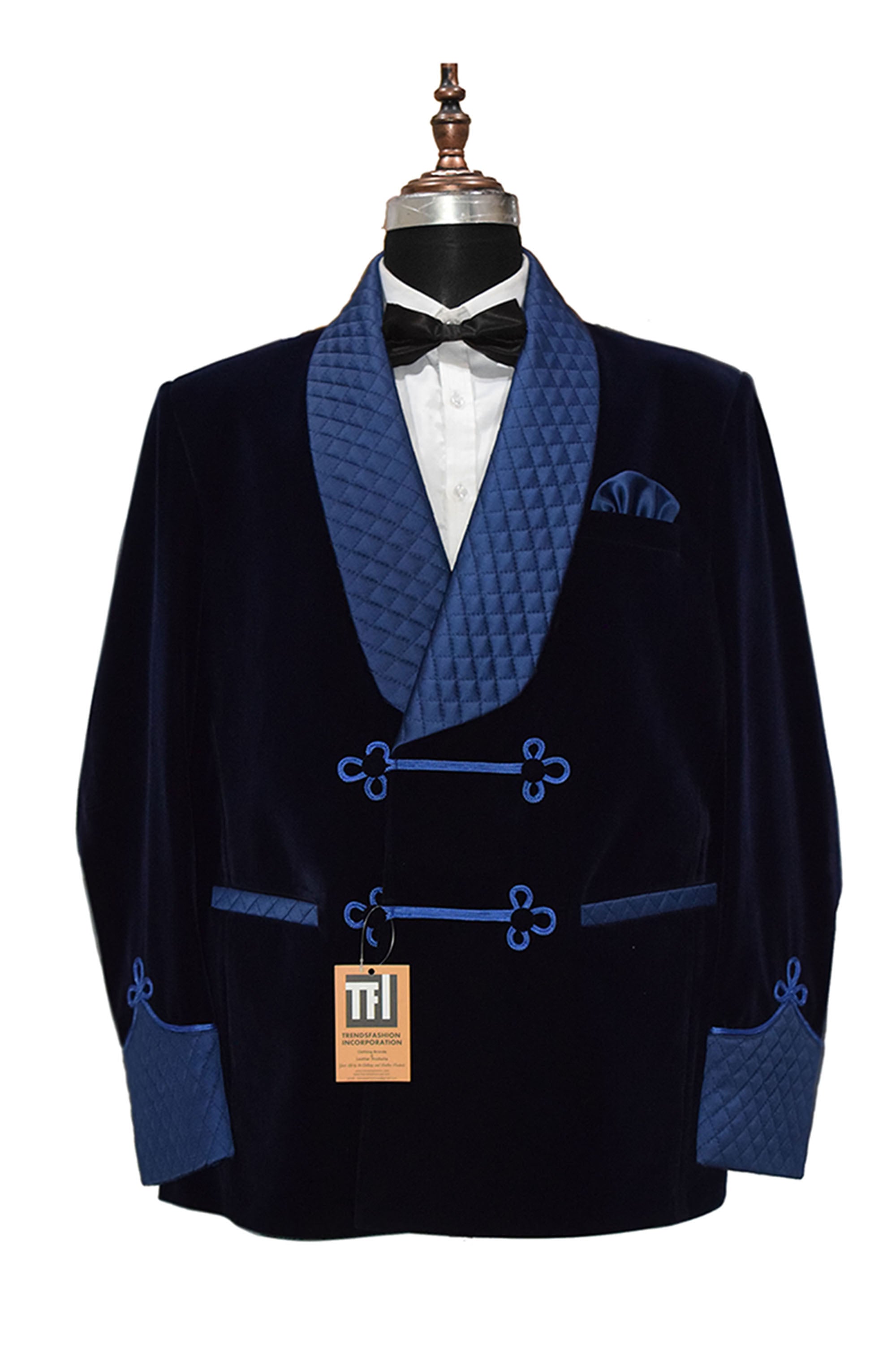 Men Blue Smoking Jacket Quilted Lapel, Cuffs with Frog Closure