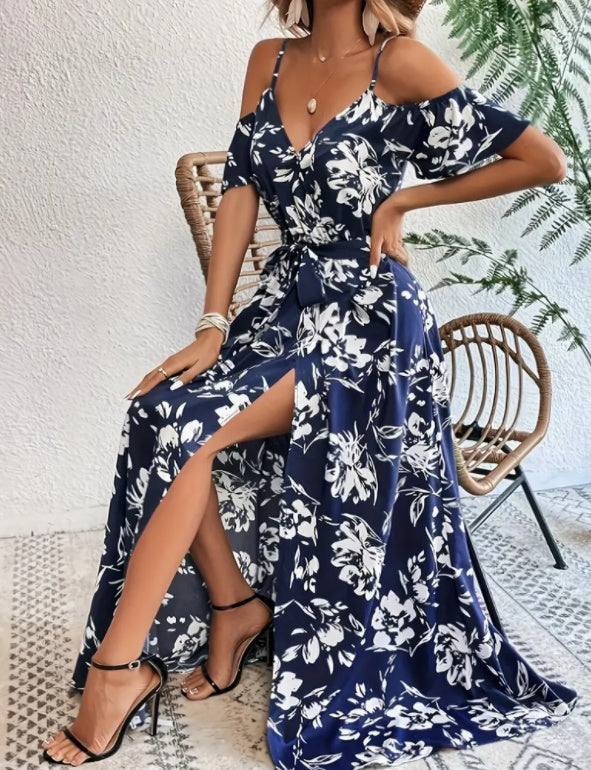 Flower Print Split Suspender Dress
