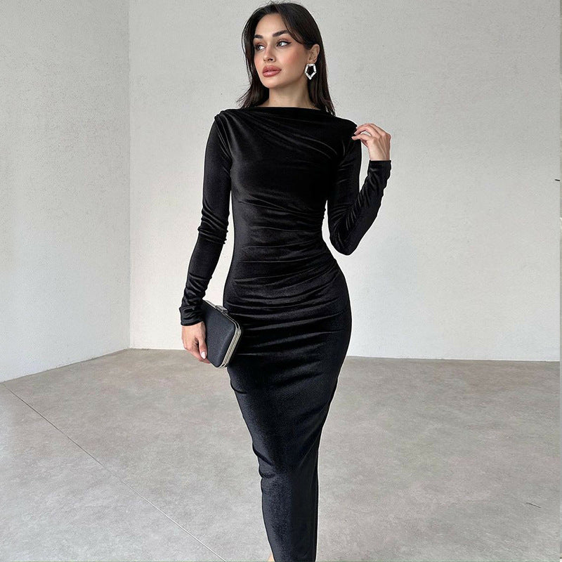 Women dresses Solid-color fitted pleated round-neck long-sleeved dress