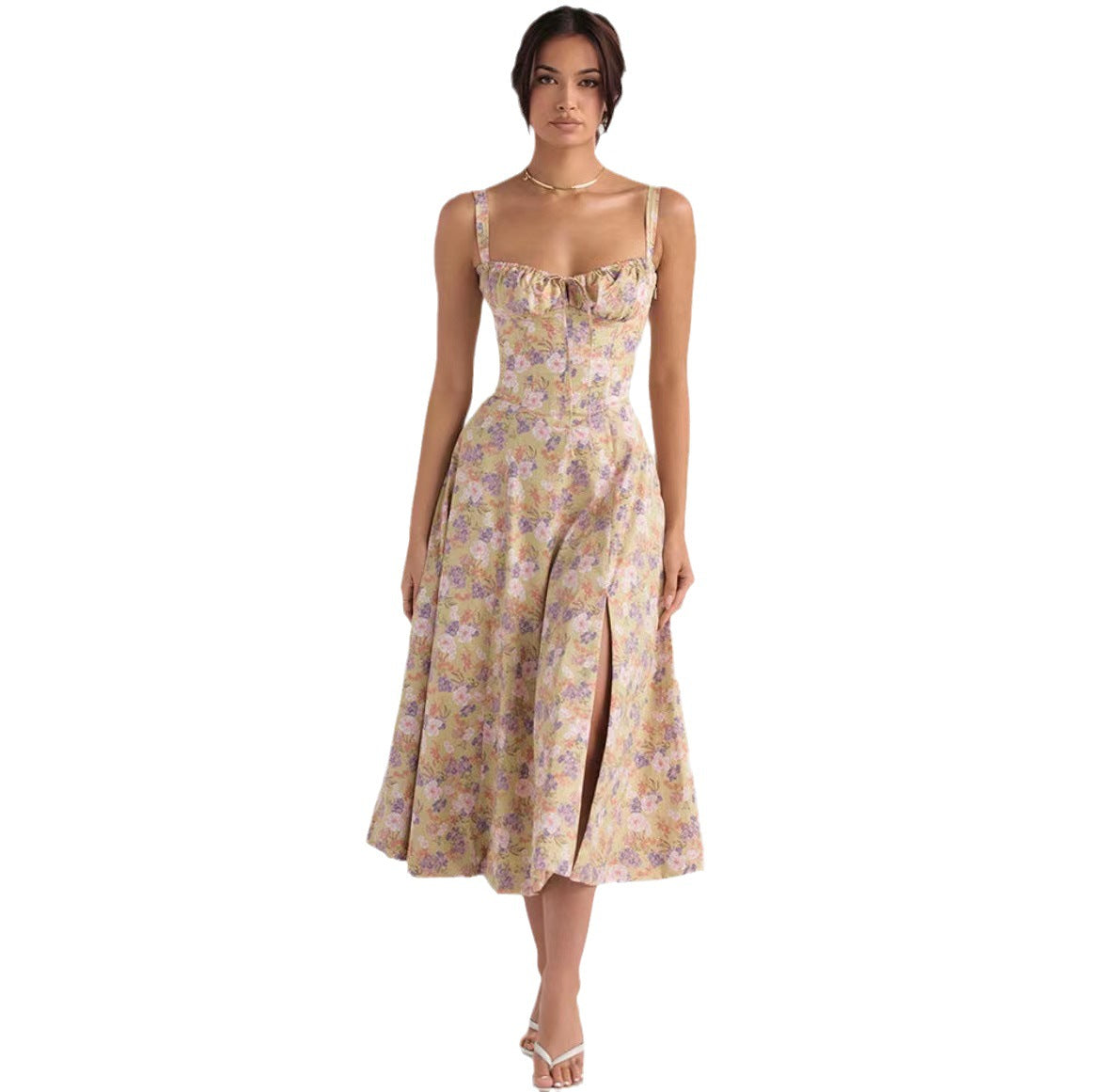 American  Hot Low-cut Sexy Digital Printed Chest Back Strap Waist Mid-length Dress