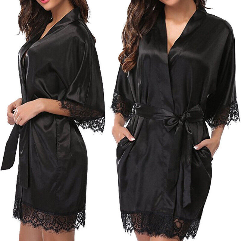 Women Satin Robe Wedding Bride Dressing Gown Sleepwear Bathrobe