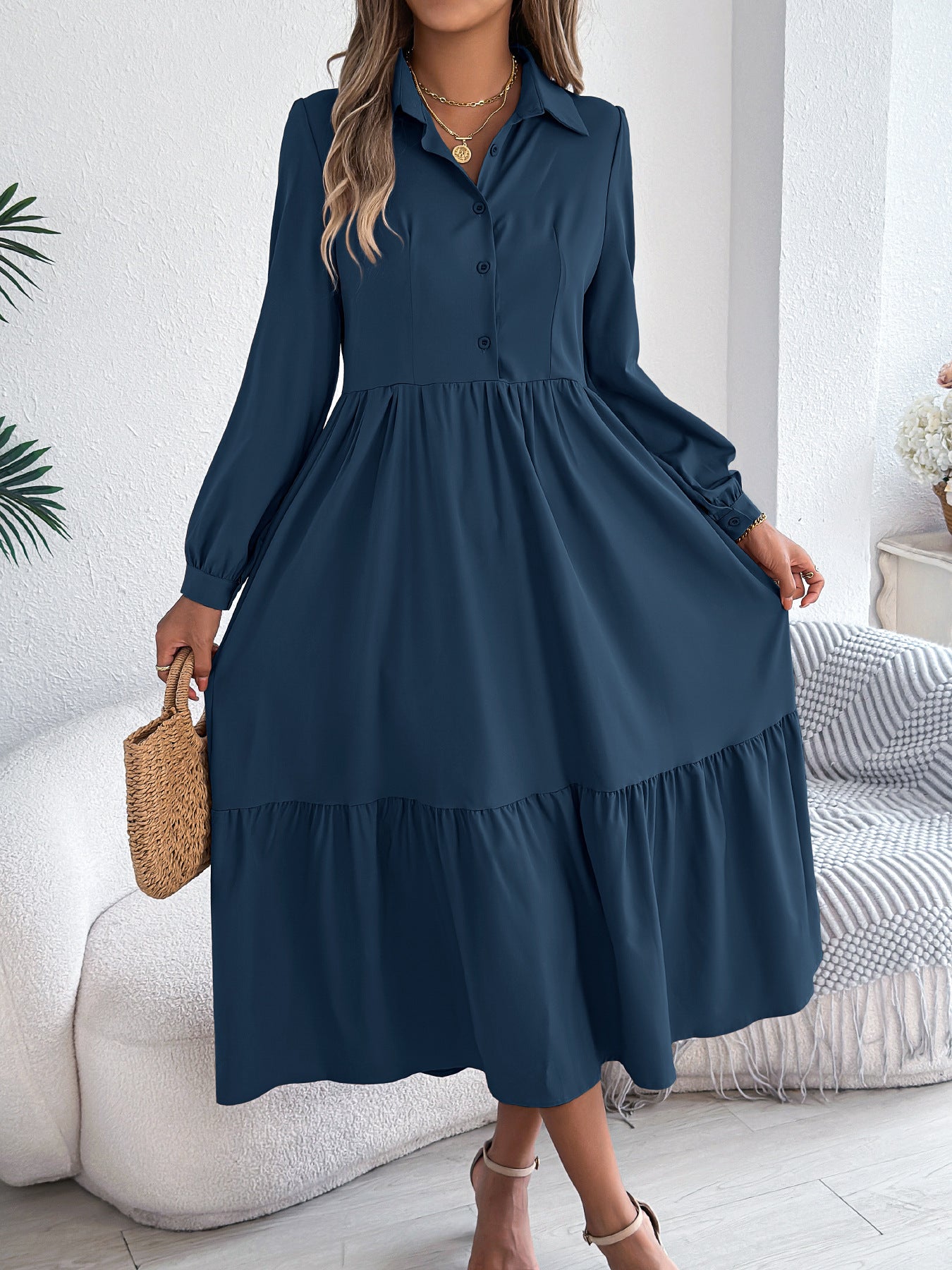 Women Lapel Casual Loose Long Sleeve Ruffled Shirt Dress