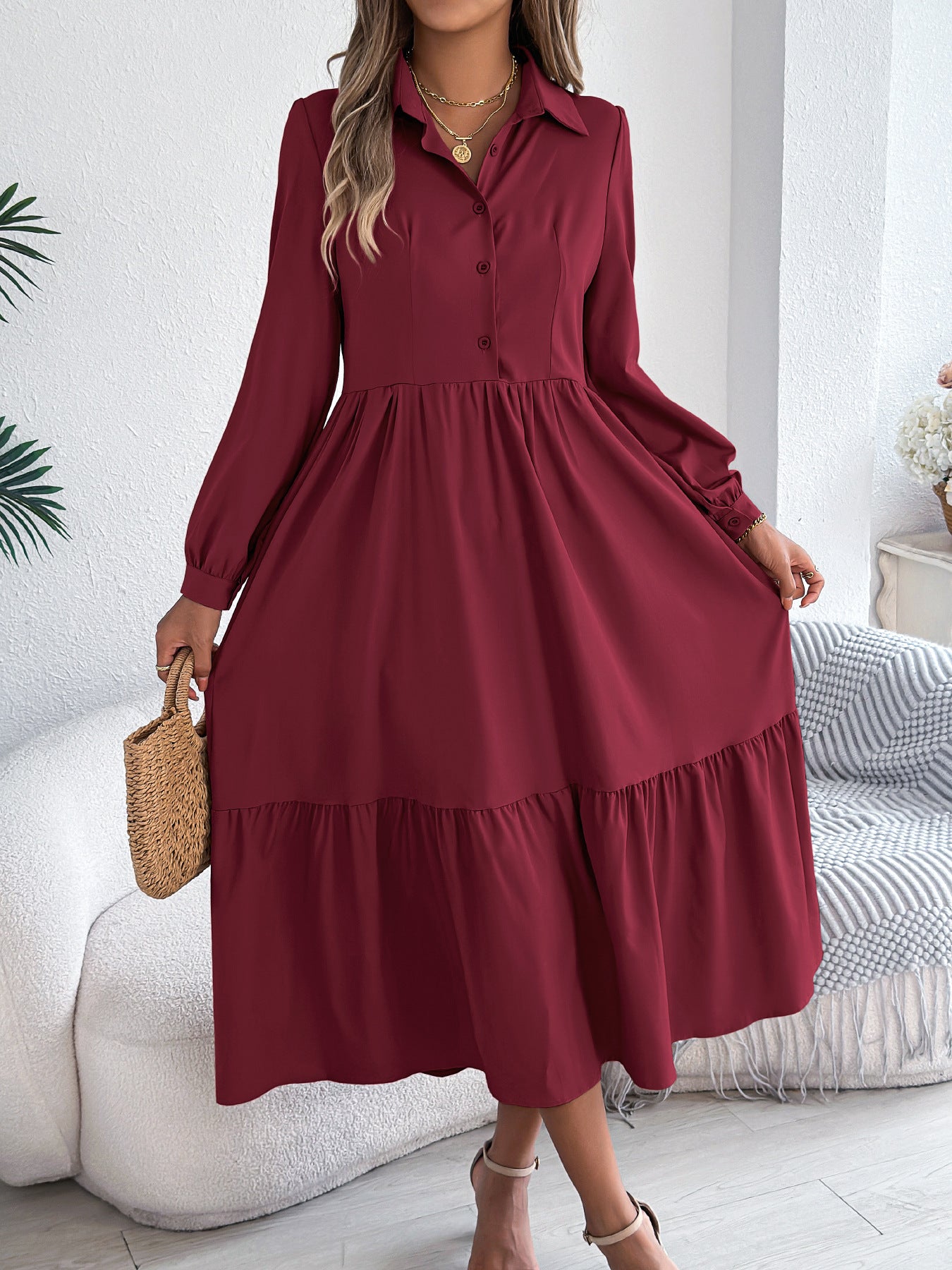 Women Lapel Casual Loose Long Sleeve Ruffled Shirt Dress