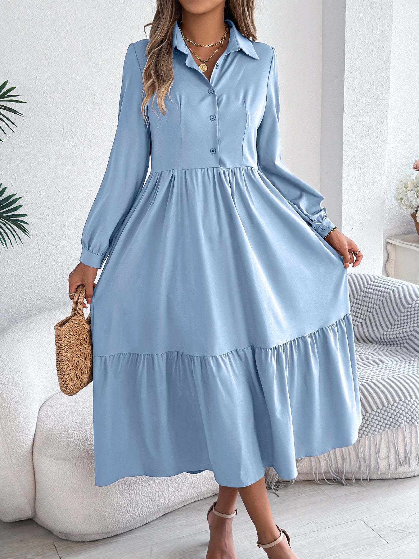 Women Lapel Casual Loose Long Sleeve Ruffled Shirt Dress