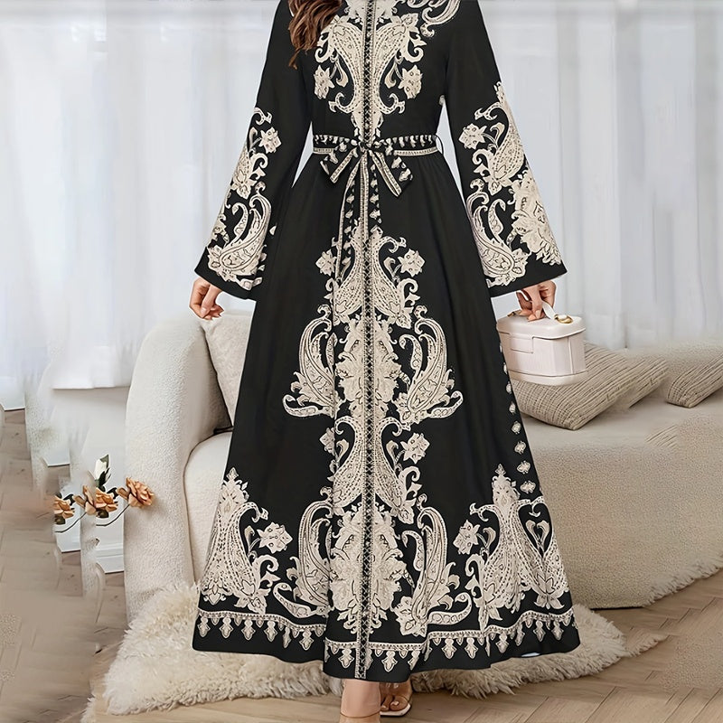 Women's Vintage High-Neck Floral Maxi Dress Long Sleeve, Adjustable Waist Belt,Holiday Dress Ankle-Length Gown