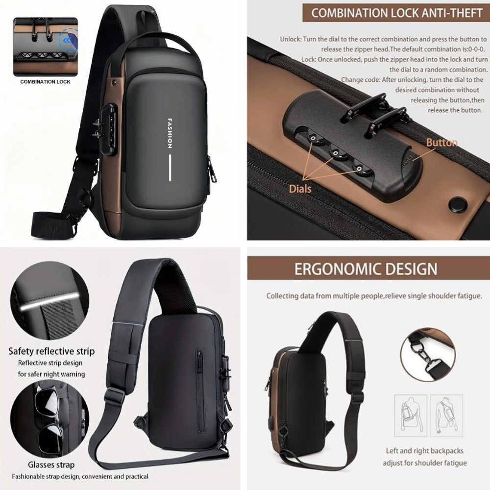 Men S Waterproof Motorcycle Chest Bag - Anti-Theft Shoulder Bag  Oxford Fabric.