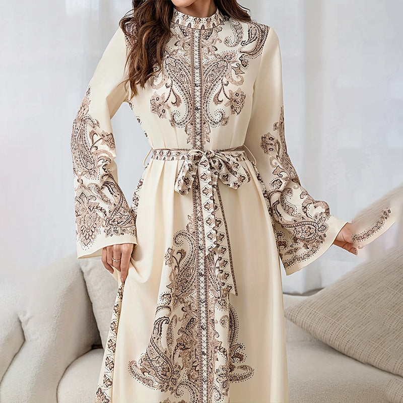Women's Vintage High-Neck Floral Maxi Dress Long Sleeve, Adjustable Waist Belt,Holiday Dress Ankle-Length Gown