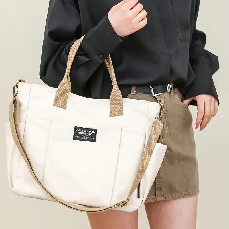 Multi Pocket Tote Bag For Women, Retro Canvas Shoulder Bag, Versatile Crossbody Bag