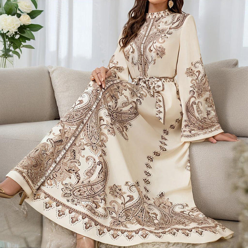 Women's Vintage High-Neck Floral Maxi Dress Long Sleeve, Adjustable Waist Belt,Holiday Dress Ankle-Length Gown