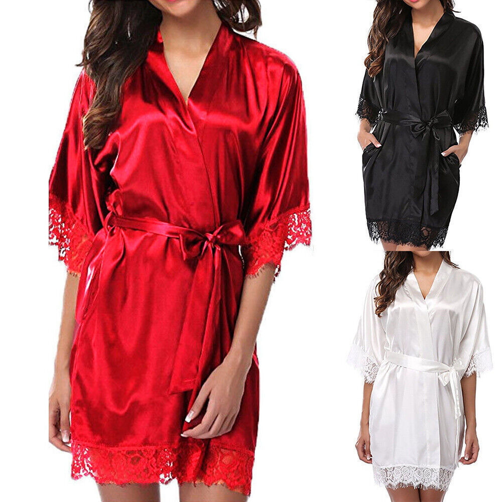 Women Satin Robe Wedding Bride Dressing Gown Sleepwear Bathrobe