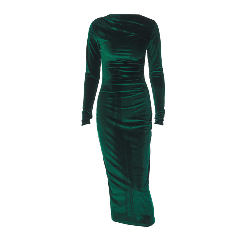 Women dresses Solid-color fitted pleated round-neck long-sleeved dress