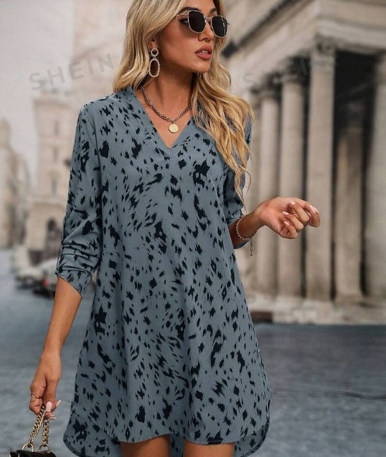 Women Short Dresses Print Roll Up Sleeve Dress Ladies