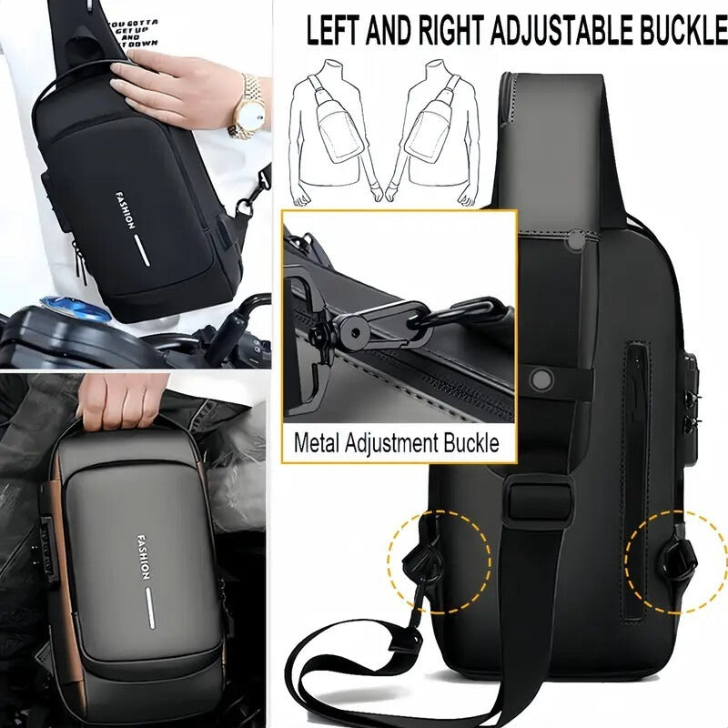 Men S Waterproof Motorcycle Chest Bag - Anti-Theft Shoulder Bag  Oxford Fabric.