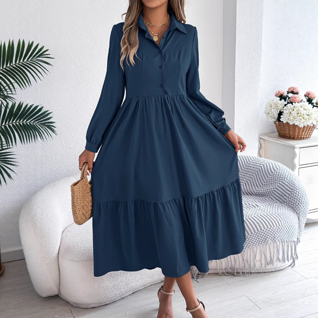 Women Lapel Casual Loose Long Sleeve Ruffled Shirt Dress