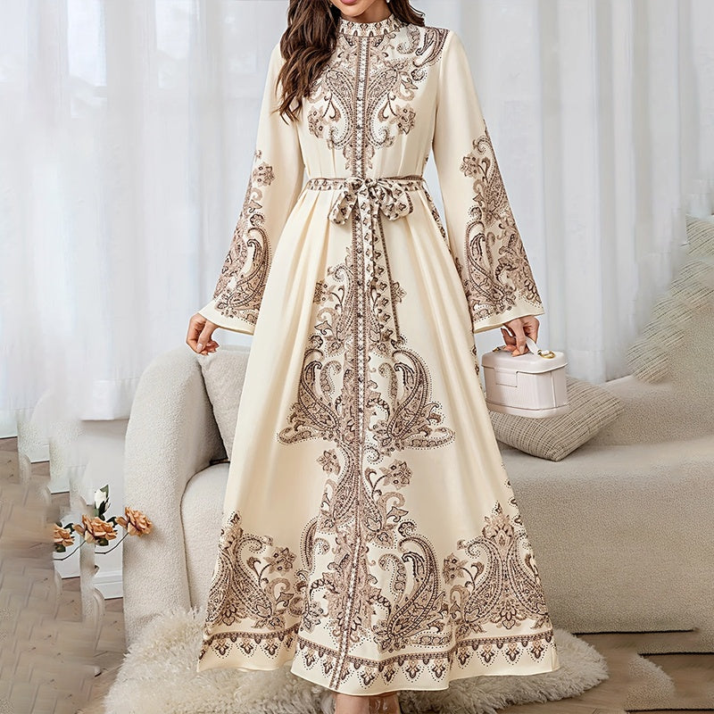 Women's Vintage High-Neck Floral Maxi Dress Long Sleeve, Adjustable Waist Belt,Holiday Dress Ankle-Length Gown