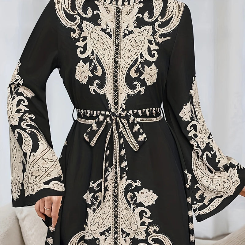 Women's Vintage High-Neck Floral Maxi Dress Long Sleeve, Adjustable Waist Belt,Holiday Dress Ankle-Length Gown