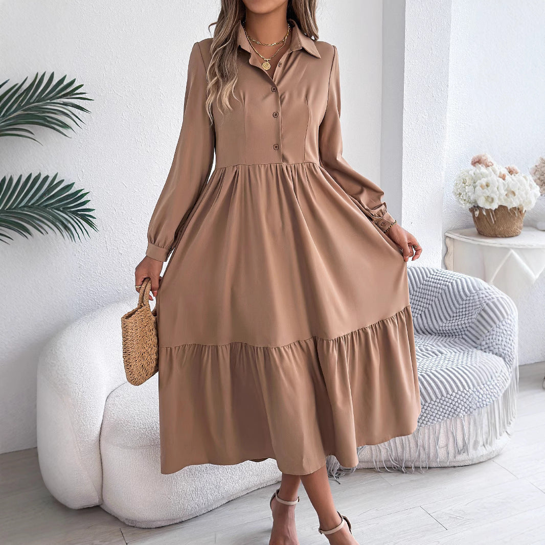 Women Lapel Casual Loose Long Sleeve Ruffled Shirt Dress