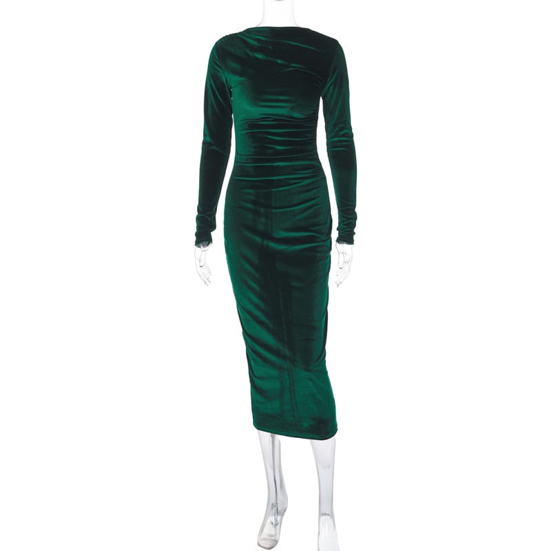 Women dresses Solid-color fitted pleated round-neck long-sleeved dress