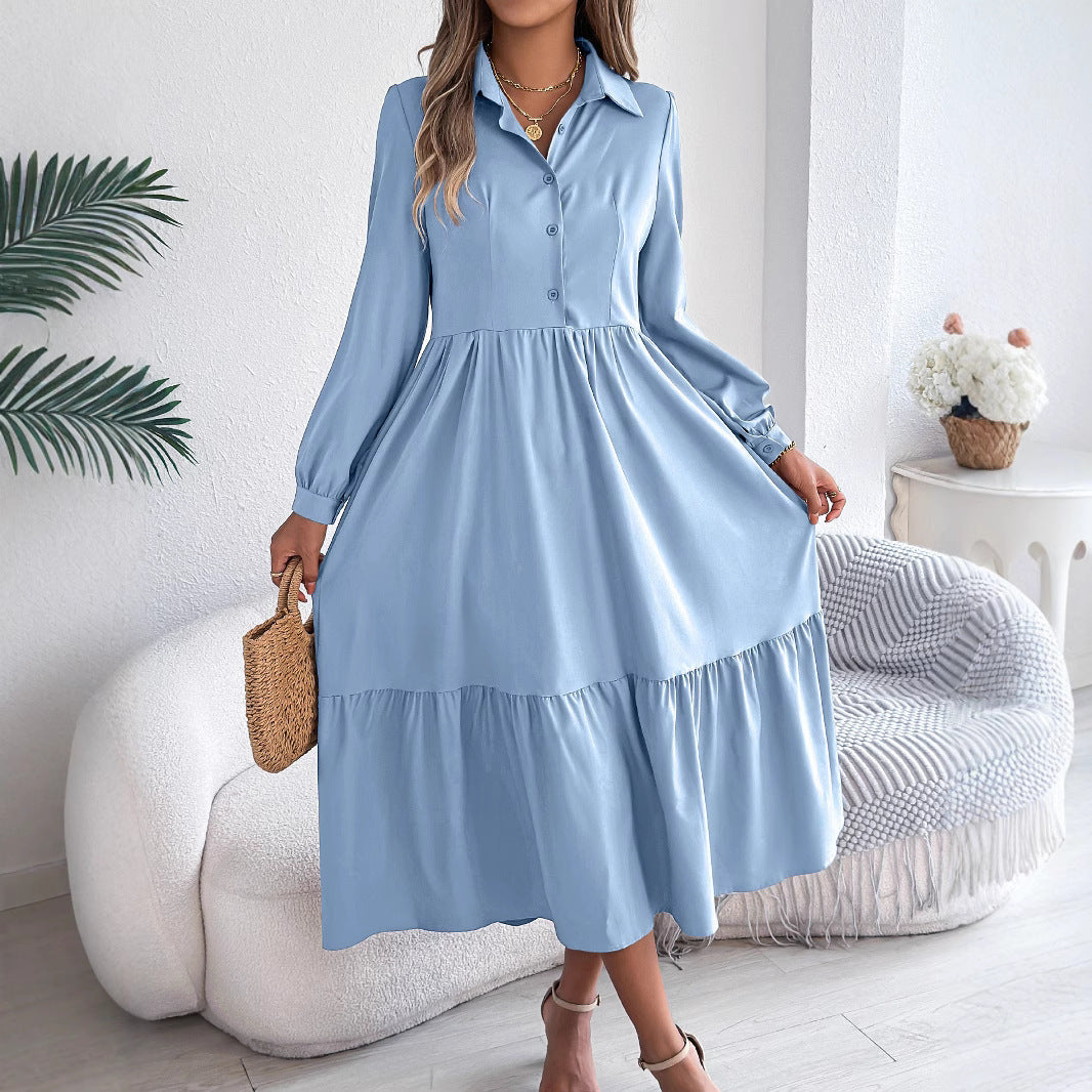 Women Lapel Casual Loose Long Sleeve Ruffled Shirt Dress