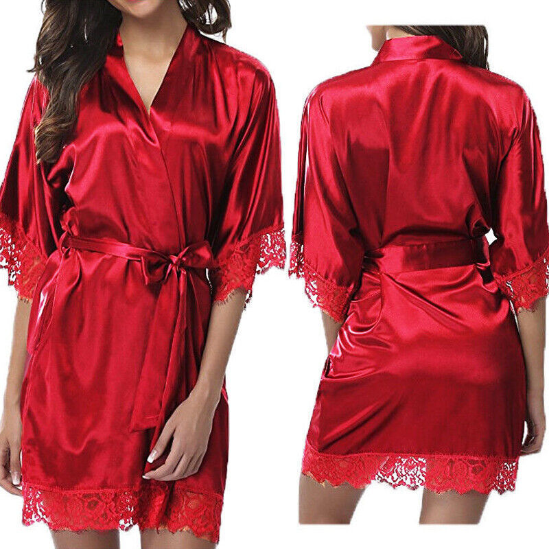 Women Satin Robe Wedding Bride Dressing Gown Sleepwear Bathrobe