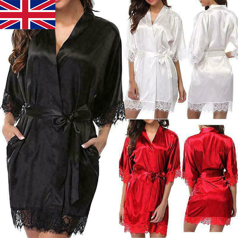 Women Satin Robe Wedding Bride Dressing Gown Sleepwear Bathrobe