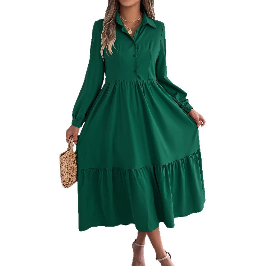 Women Lapel Casual Loose Long Sleeve Ruffled Shirt Dress