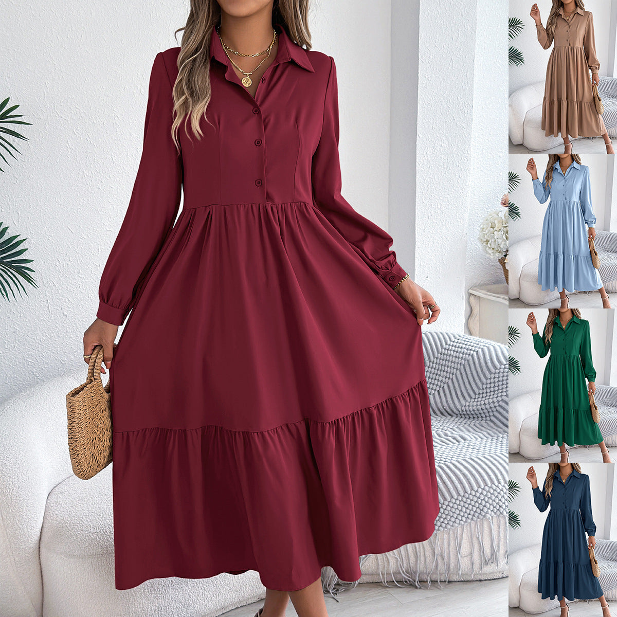 Women Lapel Casual Loose Long Sleeve Ruffled Shirt Dress