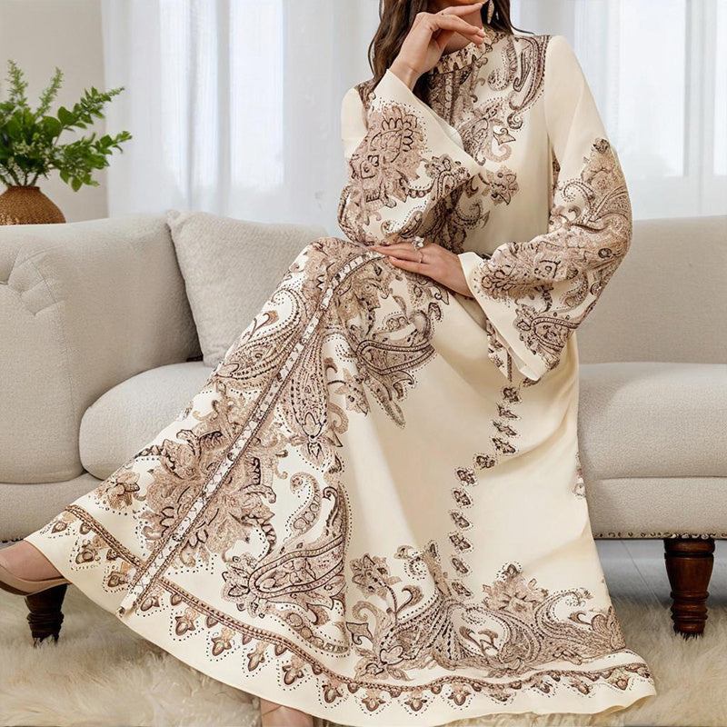 Women's Vintage High-Neck Floral Maxi Dress Long Sleeve, Adjustable Waist Belt,Holiday Dress Ankle-Length Gown