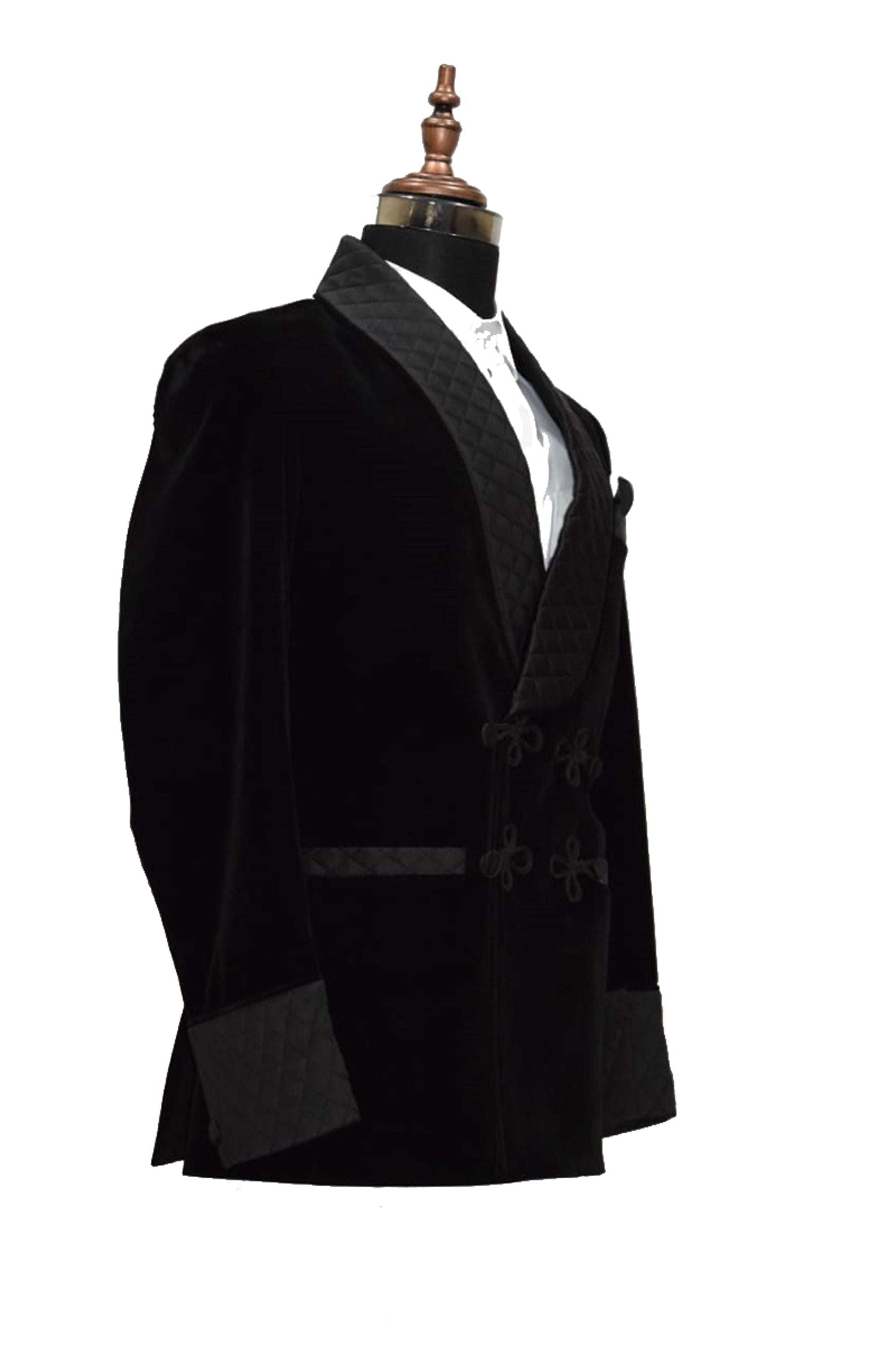 Men Black Velvet Smoking Quilted Jacket with Frog Closure