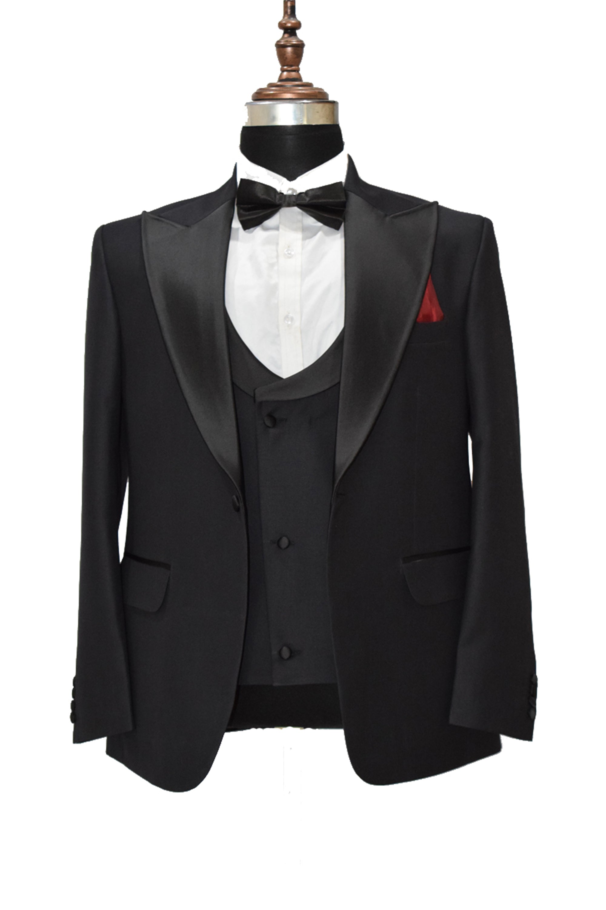 Men elegant black three-piece suit with jacket, waistcoat, and trousers for formal events.