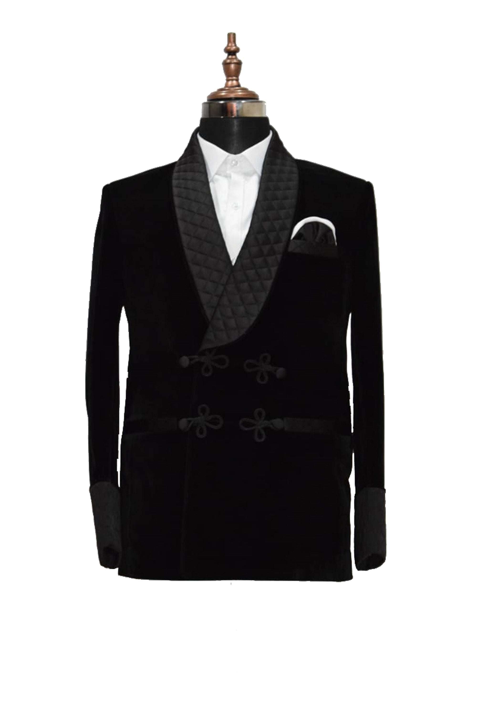 Men's black velvet smoking jacket with frog closure and quilted shawl collar.