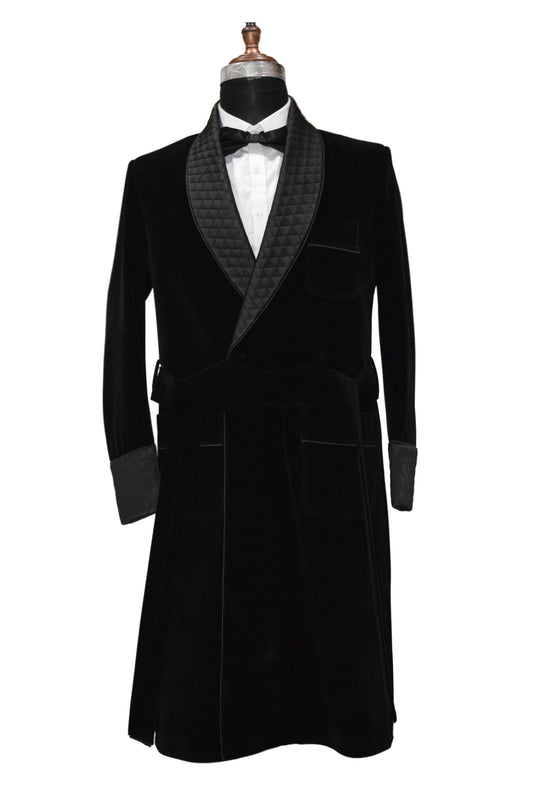 Men Black Smoking Jacket Long Coat with Quilted Lapel, Cuffs and Belt