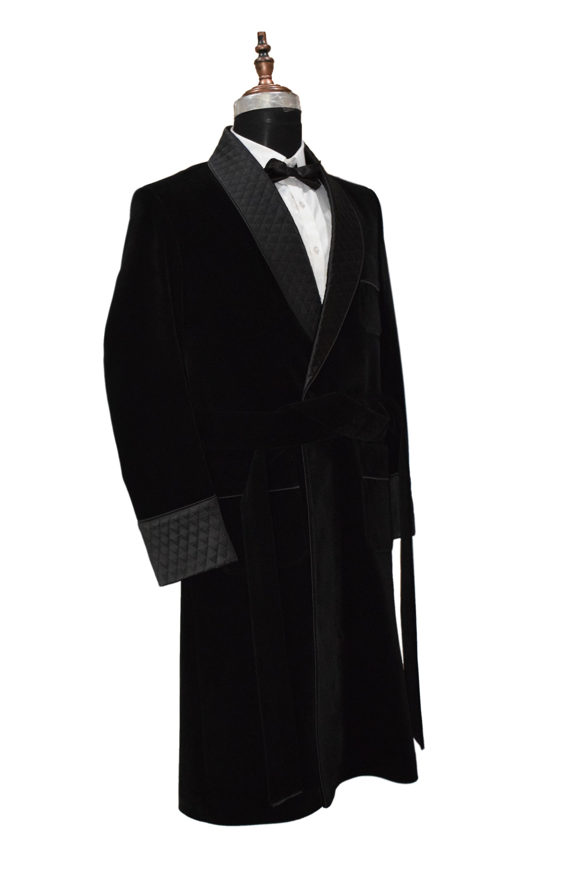 Men Black Smoking Jacket Long Coat with Quilted Lapel, Cuffs and Belt