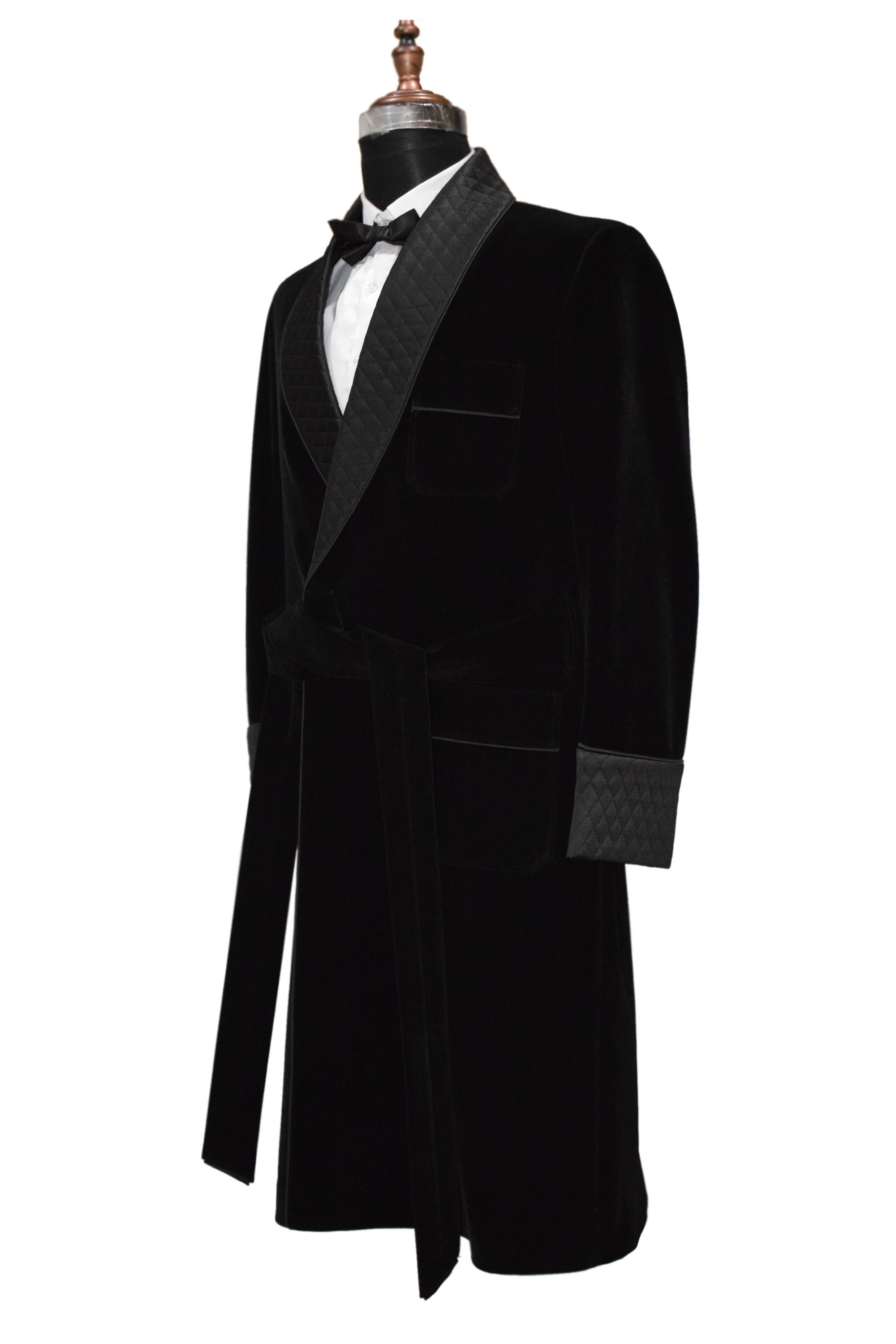 Men Black Smoking Jacket Long Coat with Quilted Lapel, Cuffs and Belt