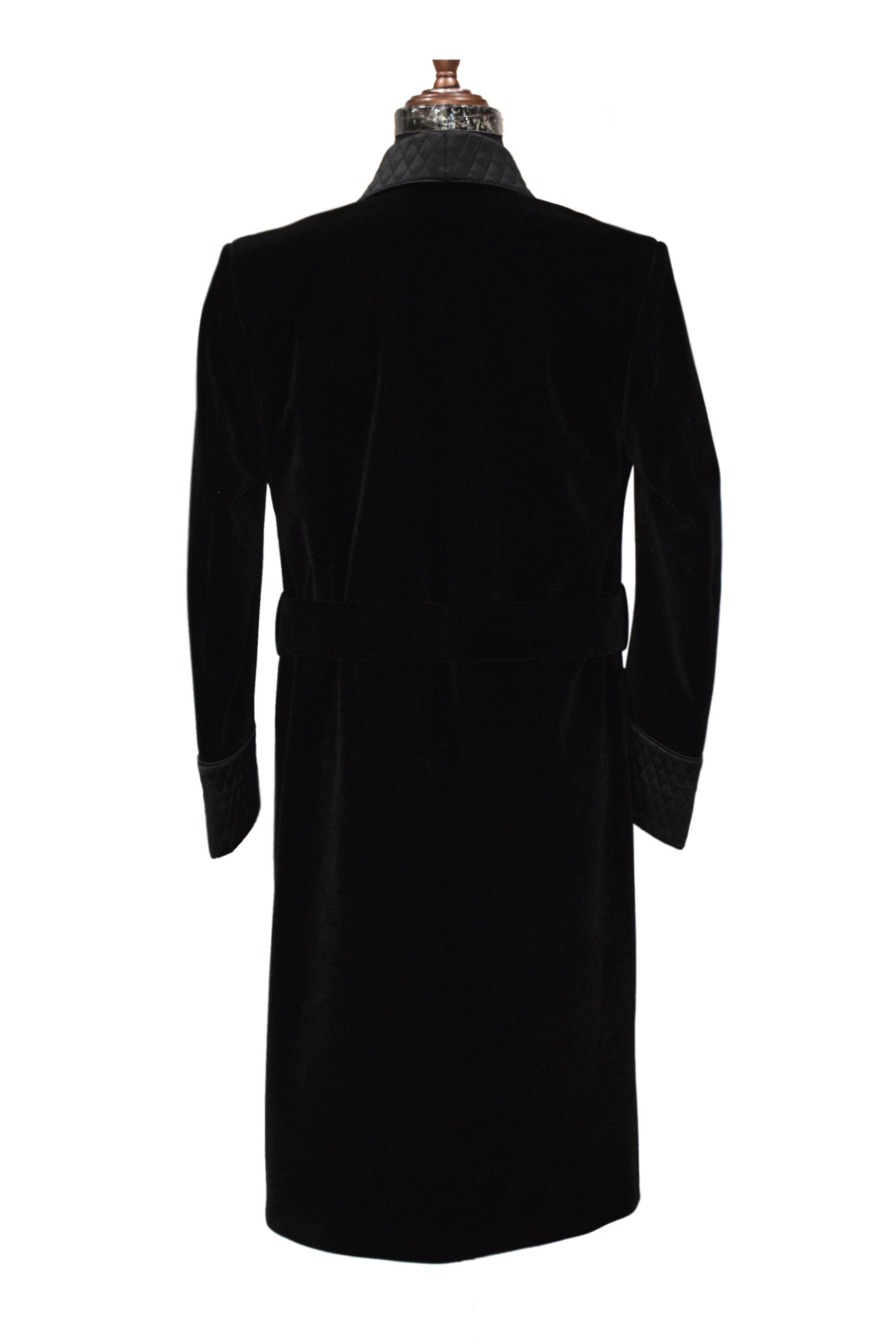 Men Black Smoking Jacket Long Coat with Quilted Lapel, Cuffs and Belt
