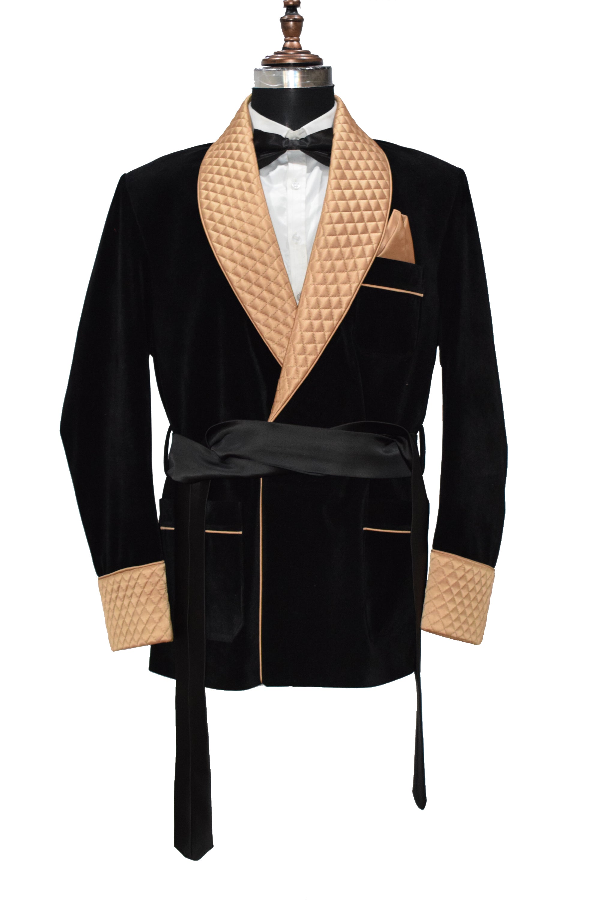 Men Black Smoking Jacket with Golden Lapel and Cuffs