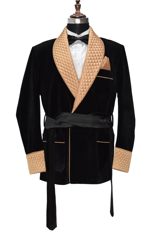 Men Black Smoking Jacket with Golden Lapel and Cuffs