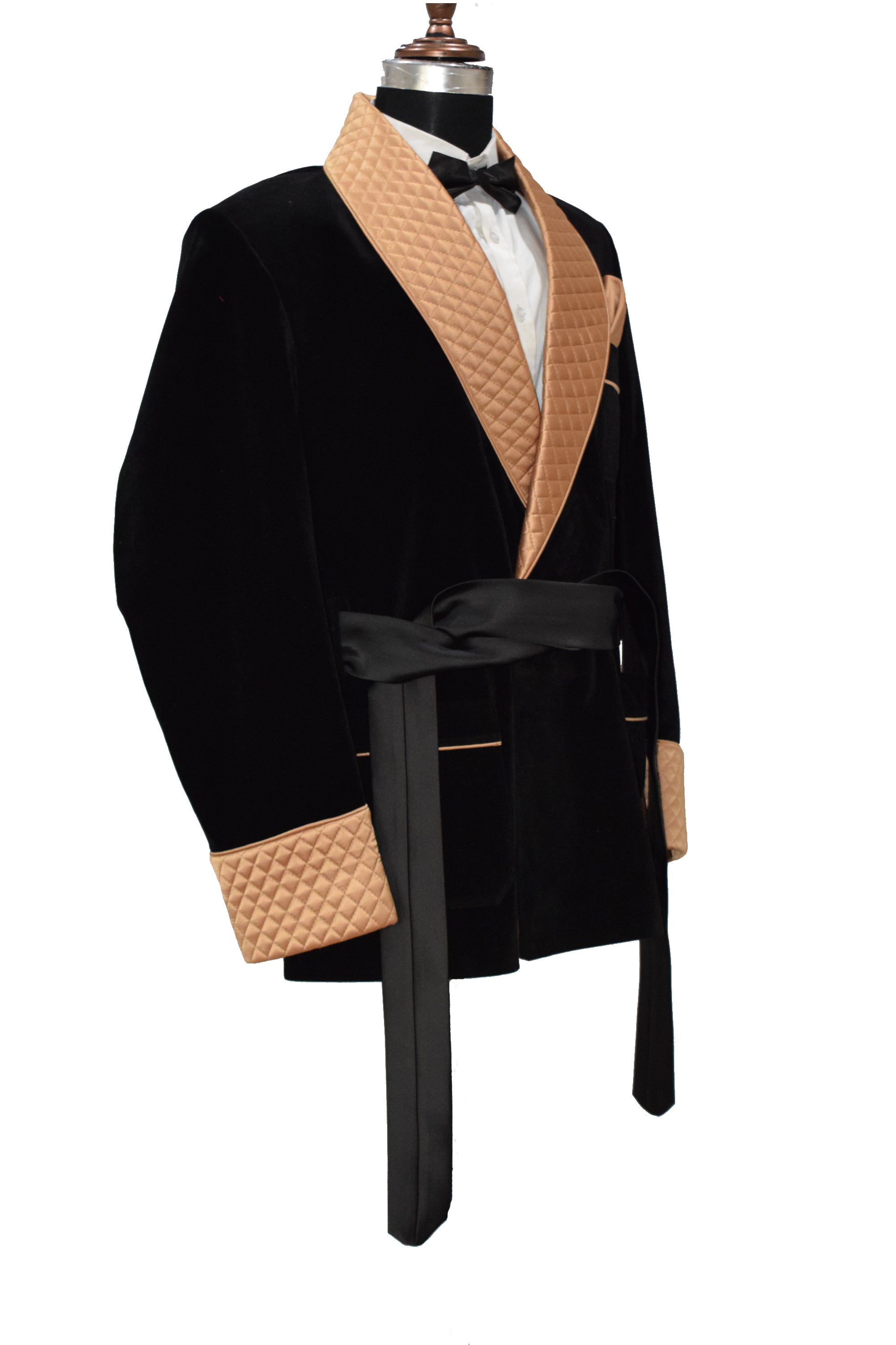Men Black Smoking Jacket with Golden Lapel and Cuffs