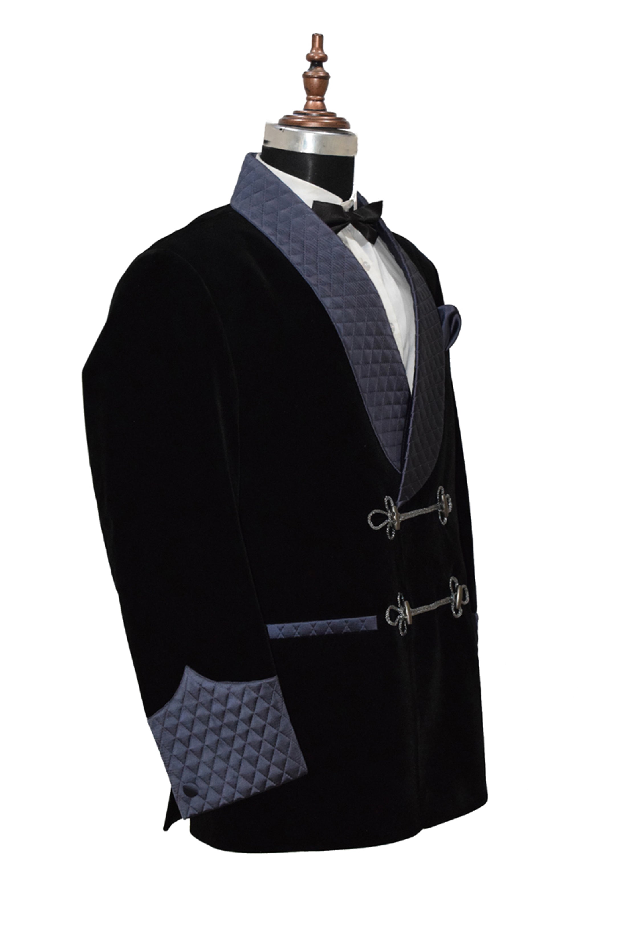 Men Black Velvet Smoking Jacket with Frog Closure