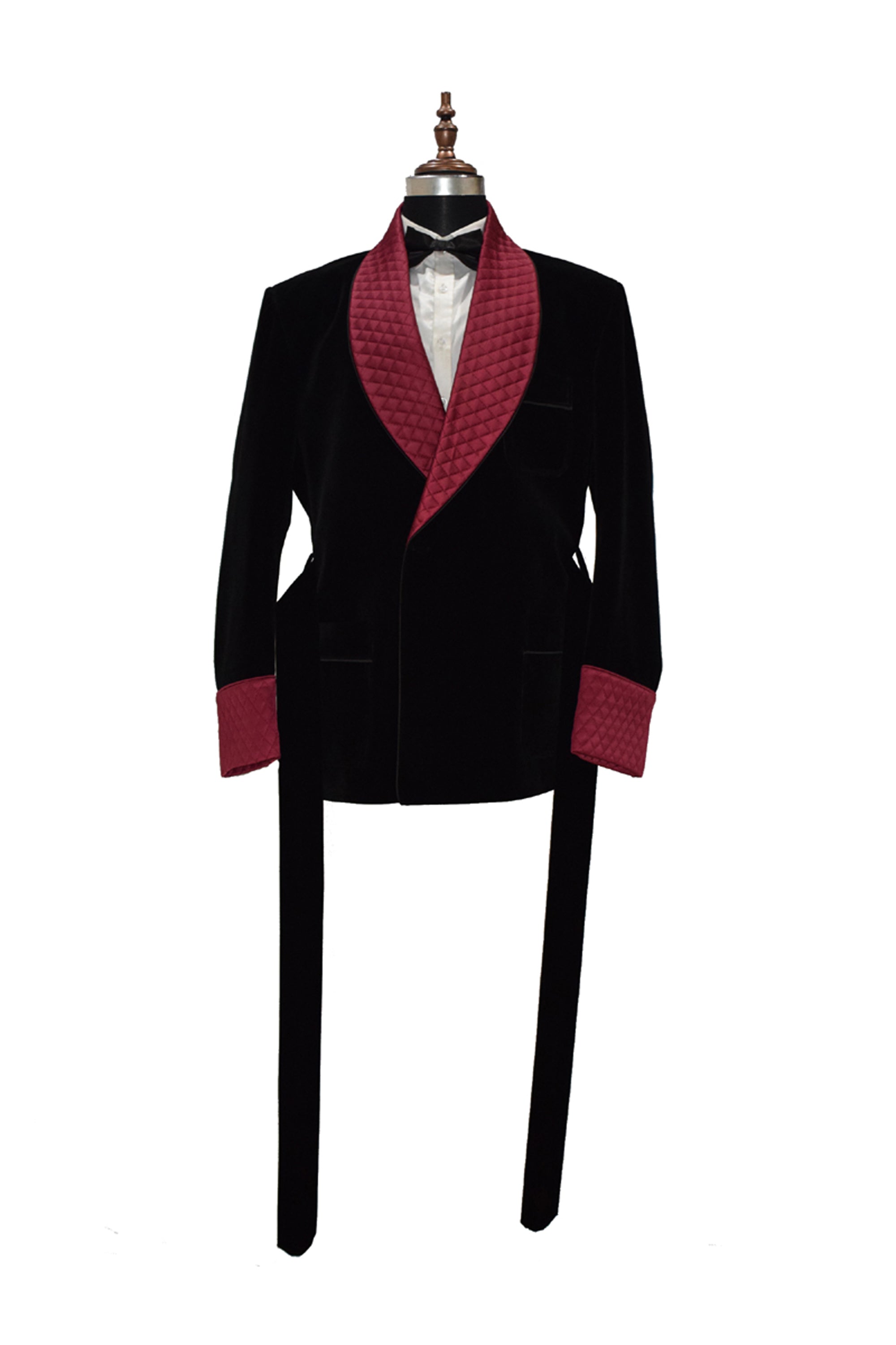 Men Black Smoking Jacket Quilted Lapel, Cuffs with Belt