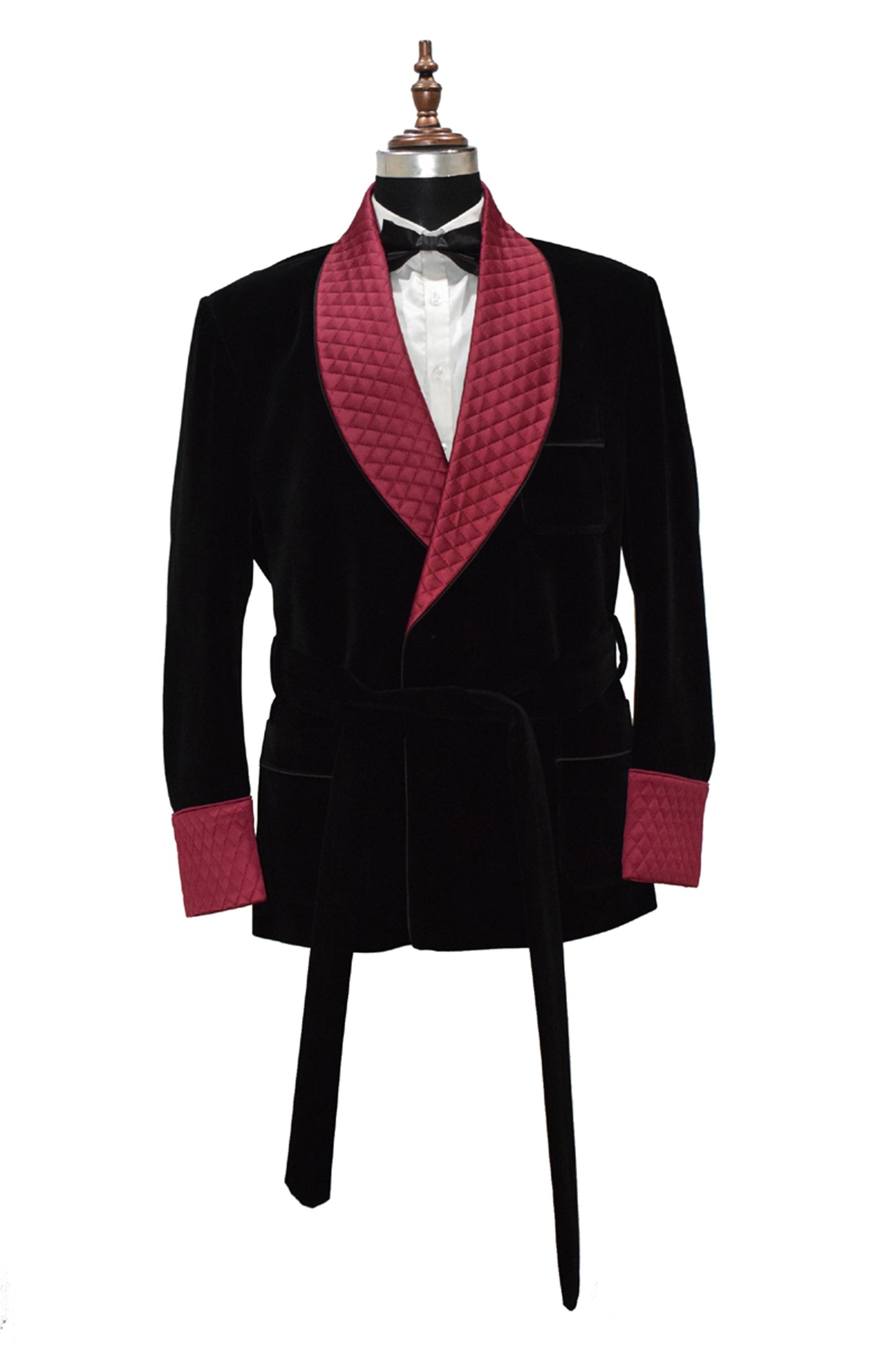 Men's black smoking jacket with quilted lapels and cuffs, featuring a belt for adjustable comfort.