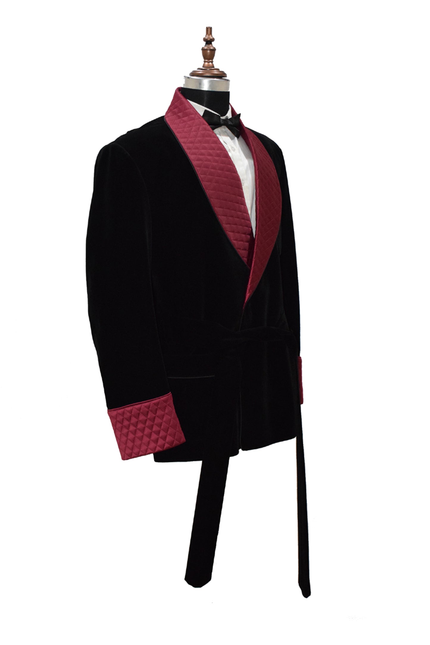 Men Black Smoking Jacket Quilted Lapel, Cuffs with Belt