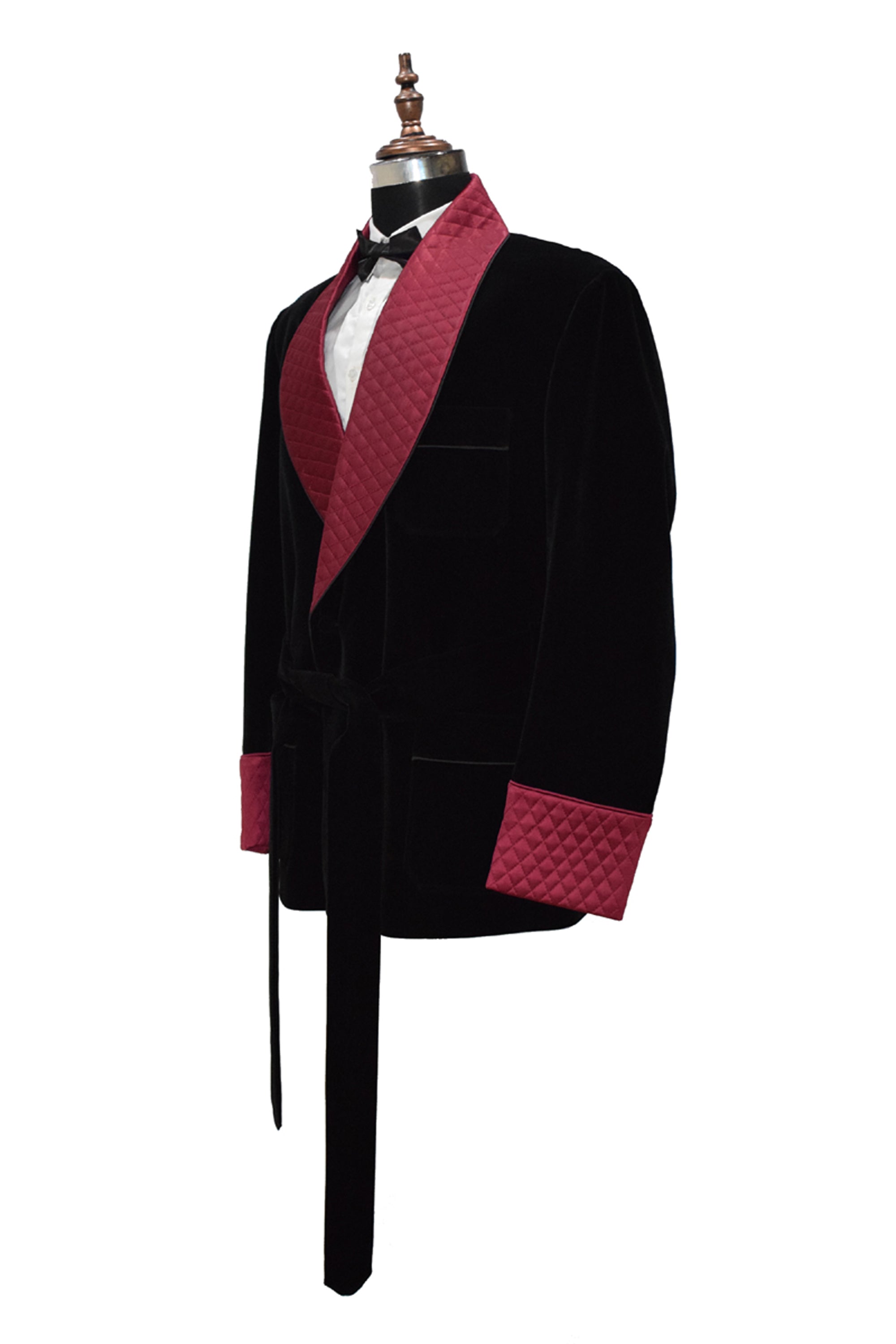 Men Black Smoking Jacket Quilted Lapel, Cuffs with Belt
