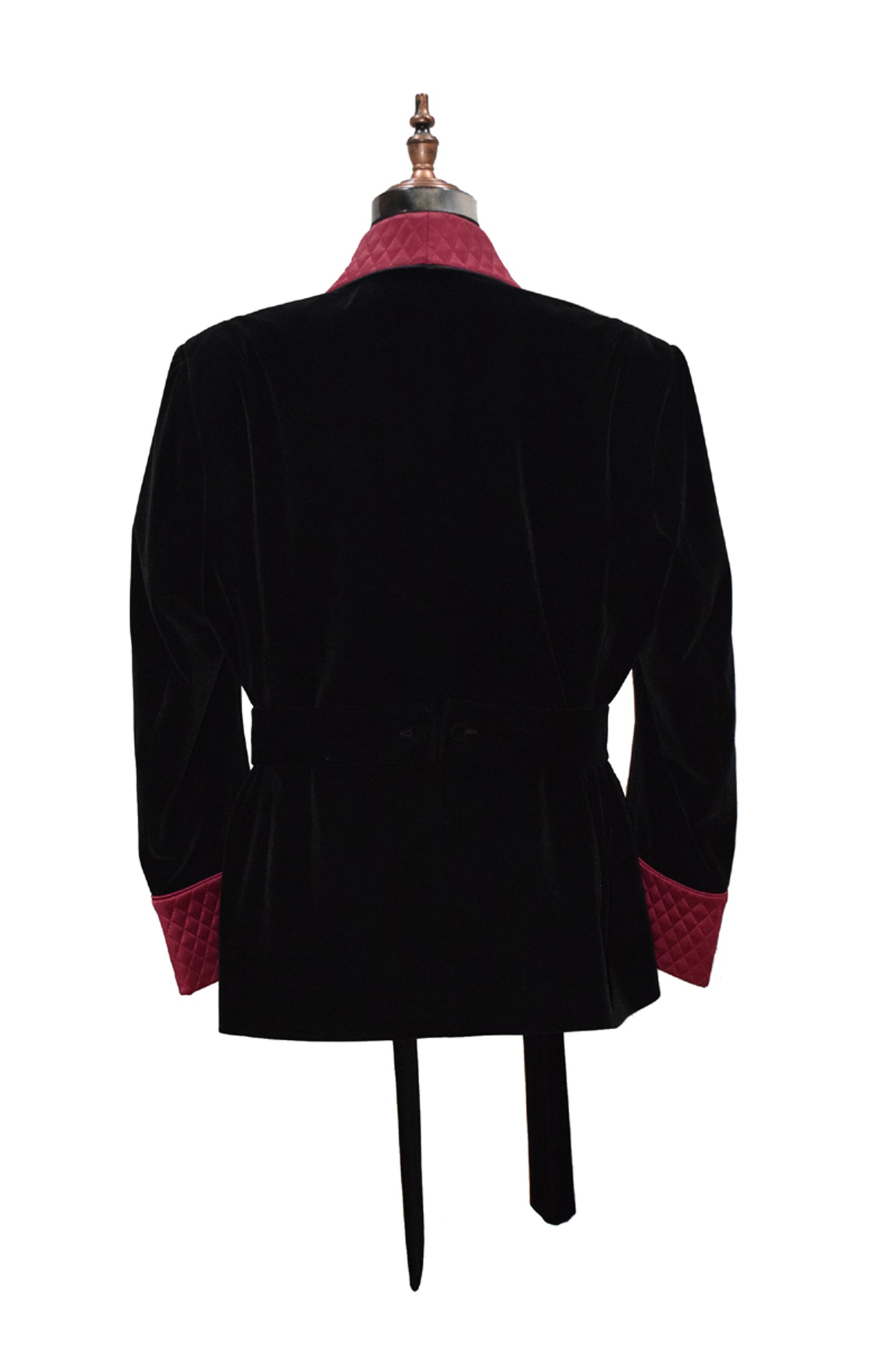 Men Black Smoking Jacket Quilted Lapel, Cuffs with Belt