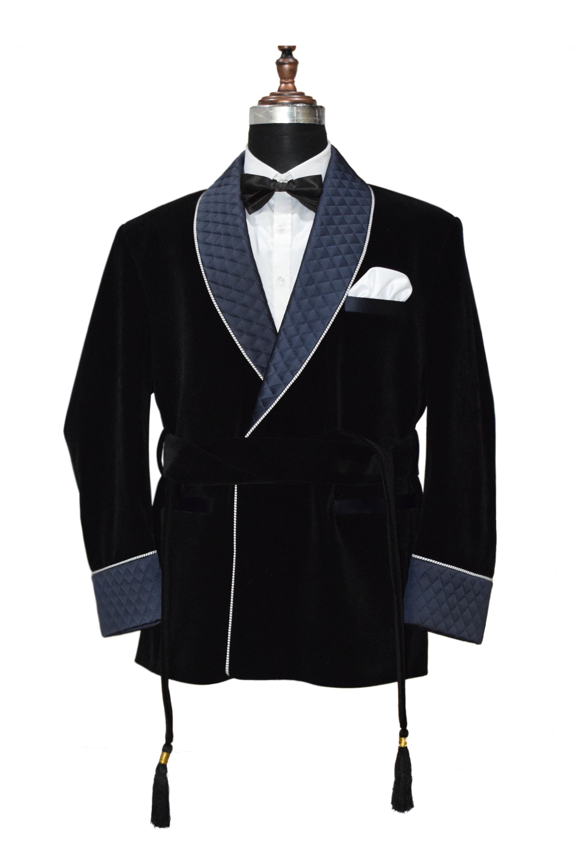 Men Black Smoking Jacket Quilted Lapel and Cuffs with Belt