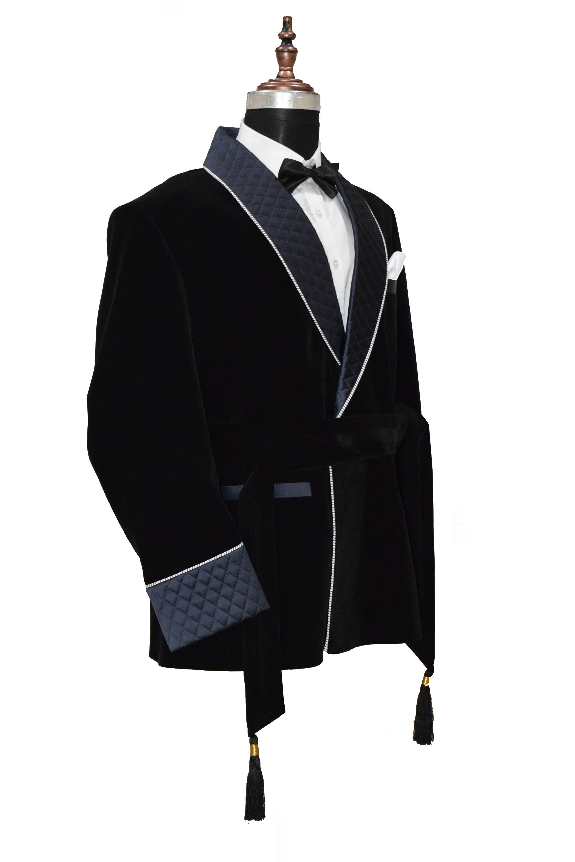 Men Black Smoking Jacket Quilted Lapel and Cuffs with Belt