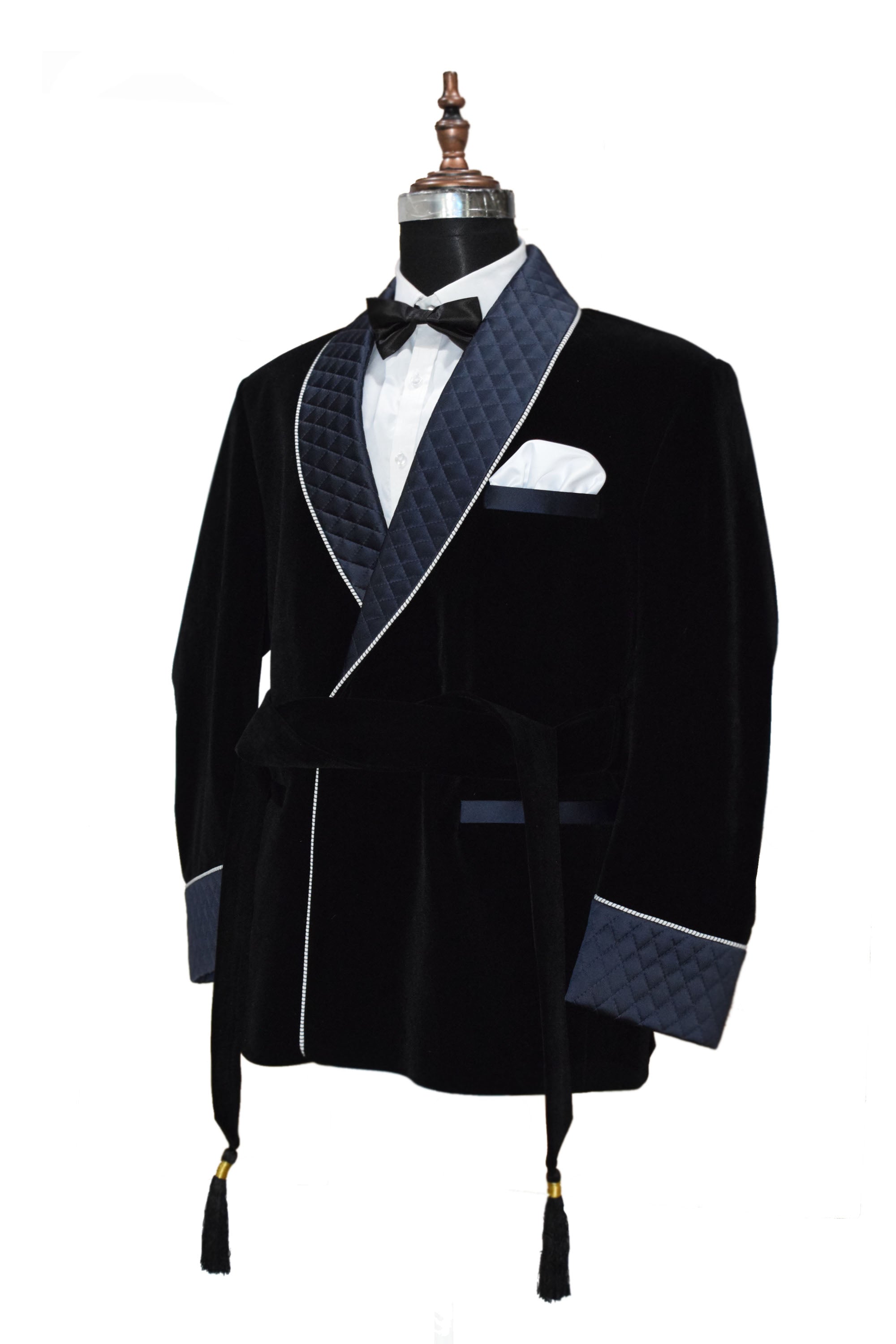 Men Black Smoking Jacket Quilted Lapel and Cuffs with Belt