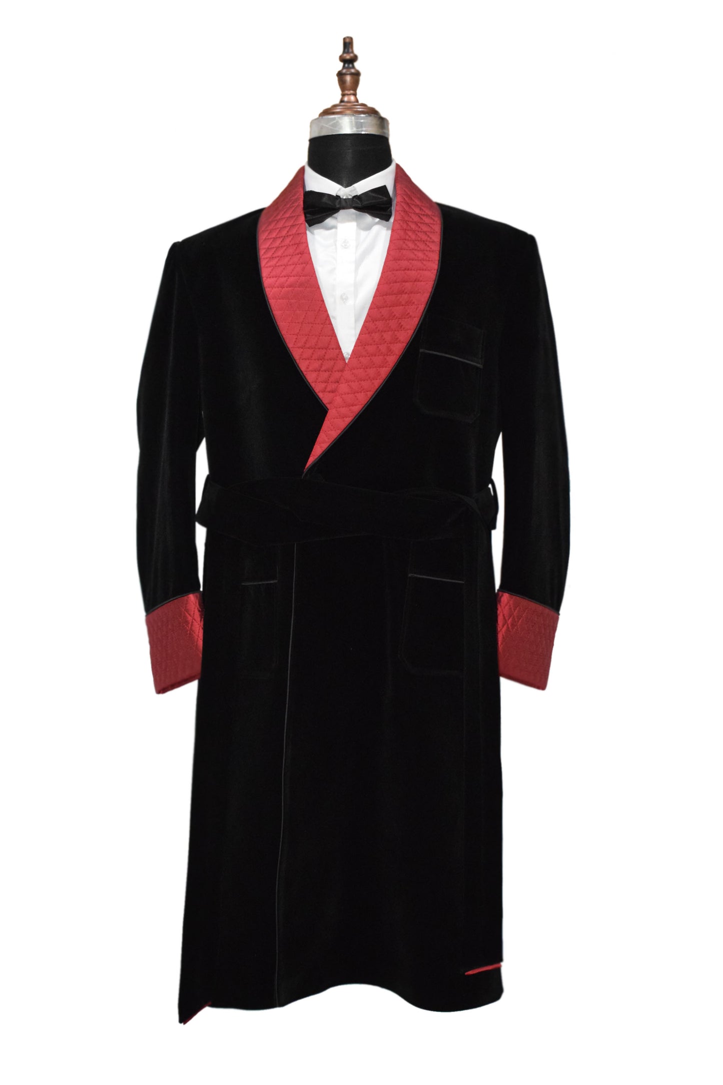 Men Black Smoking Jacket Long Coat with Quilted Lapel, Cuffs and Belt