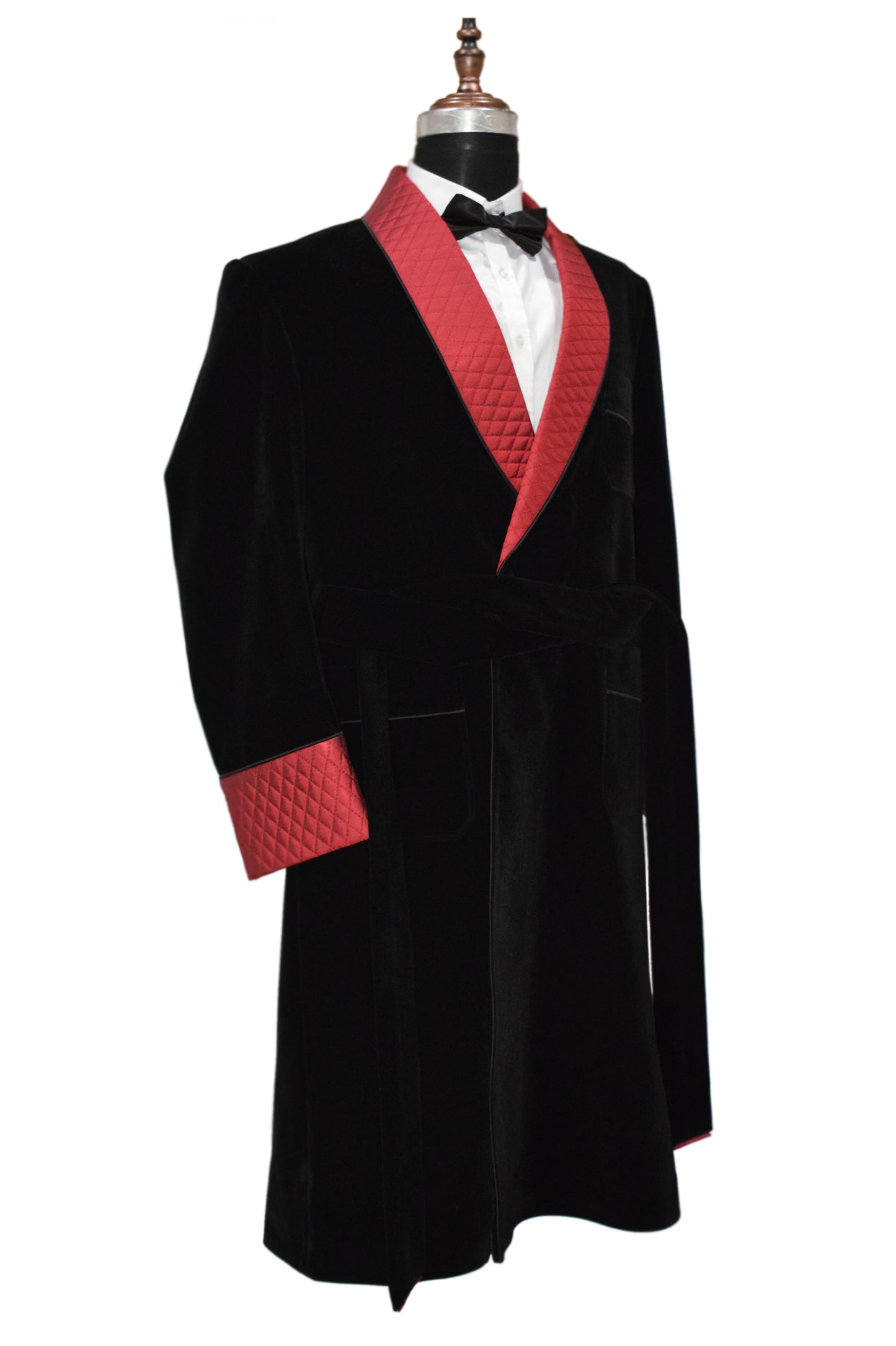 Men Black Smoking Jacket Long Coat with Quilted Lapel, Cuffs and Belt
